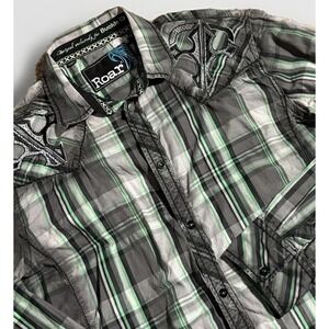 Roar  Embroidered  Western Shirt Cowboy Rodeo Green Gray Plaid Mens XL
